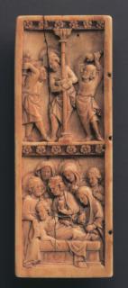 Wing, left (fragment of a diptych), 2 registers, bands of rosettes (décor de roses) (Front)