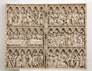 Diptych, 3 registers, 6 arches across, with bands of rosettes (frise d'arcatures; décor de roses); known as the Dormeuil Diptych (Front)