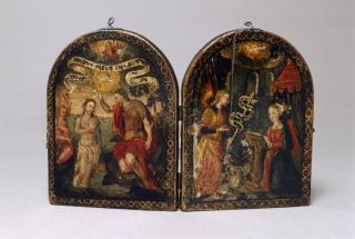 Rounded-top openwork triptych made into a diptych, 2 registers, 6 arches across (frise d'arcatures; ajouré) (Back)