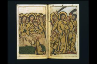 Devotional booklet, with covers, 1 register, 2 arches across and 6 painted panels (frise d'arcatures; plaquette) (Inside of the front cover and folio 1r)