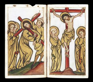 Devotional booklet, with covers, 1 register, 2 arches across and 6 painted panels (frise d'arcatures; plaquette) (Folios 3v-4r)