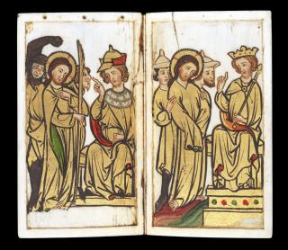 Devotional booklet, with covers, 1 register, 2 arches across and 6 painted panels (frise d'arcatures; plaquette) (Folios 1v-2r)