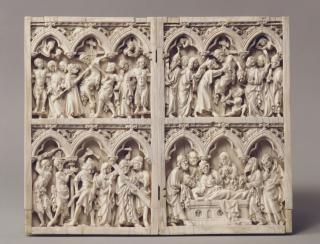 Diptych, 2 registers, 3 arches across, bands of rosettes (frise d'arcatures; décor de roses) (Front)