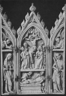 Gabled triptych, 2 registers, 1 arch across (colonnettes) (Front)