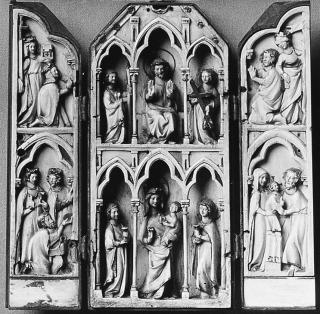 Gabled triptych, 2 registers, with arches and bands of rosettes (tabernacle; colonnettes; frise d'arcatures; décor de roses) (Front)