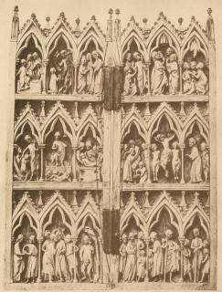 Gabled diptych with pinnacles, 3 registers, 3 arches across (frise d'arcatures; colonnettes) (Front)