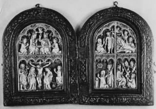 Rounded-top openwork triptych made into a diptych, 2 registers, 6 arches across (frise d'arcatures; ajouré) (Front)