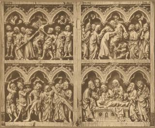 Diptych, 2 registers, 3 arches across, bands of rosettes (frise d'arcatures; décor de roses) (Front)