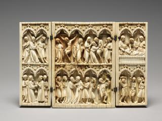 Triptych, 2 registers, 2 arches across (wings) and 4 arches across (centre panel) (frise d'arcatures) (Front)