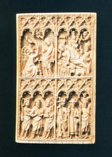 Panel (possibly fragment of a diptych), 2 registers, 6 arches across (frise d'arcatures; colonnettes) (Front)