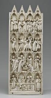 Gabled diptych, 4 registers, 4 arches across (frise d'arcatures; colonnettes) (Front, left wing)