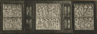 Triptych, 2 registers, 4 arches across (wings) and 6 arches across (wing, left; fragment), including painted panels (frise d'arcatures; colonnettes) (Front)