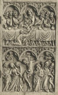 Diptych, 2 registers, 3 arches across, bands of rosettes (frise d'arcatures; décor de roses) (Wing, right)