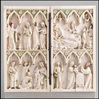 Diptych, 2 registers, 3 arches across, bands of rosettes (décor de roses; frise d'arcatures) (Front)