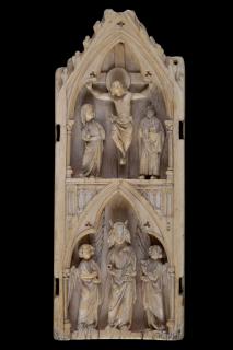 Gabled centre panel (fragment of a triptych or polyptych), 2 registers, 1 arch across (tabernacle; colonnettes) (Front)