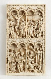 Wing, right (fragment of a diptych), 2 registers, 4 arches across, bands of rosettes (frise d'arcatures; colonnettes; décor de roses) (Front)