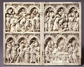 Diptych, 2 registers, 3 arches across, bands of rosettes (frise d'arcatures; décor de roses) (Front)