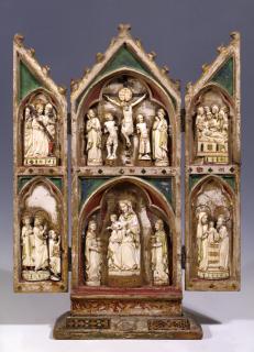 Gabled triptych, 2 registers; reliefs (appliqués) (Front (open))