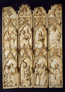 Gabled panels (4), 2 registers, 1 arch across (fragments of a polyptych; tabernacle; frise d'arcatures; colonnettes) (Front)