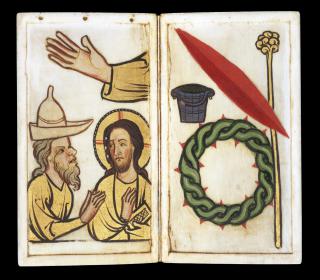 Devotional booklet, with covers, 1 register, 2 arches across and 6 painted panels (frise d'arcatures; plaquette) (Folios 5v-6r)