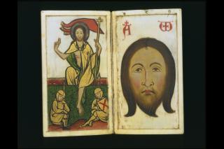 Devotional booklet, with covers, 1 register, 2 arches across and 6 painted panels (frise d'arcatures; plaquette) (Folios 4v-5r)