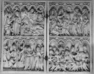 Diptych, 2 registers, 5 arches across (frise d'arcatures; colonnette) (Front, open)