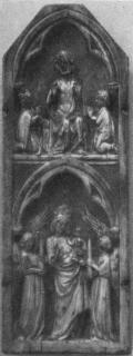 Gabled panel (fragment of a triptych; centre panel), 2 registers, 1 arch across (Front)