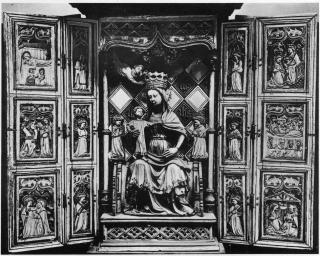 Polyptych, 3 registers (wings), openwork panels, ogee arches (tabernacle; ajouré; colonnettes) (Front)