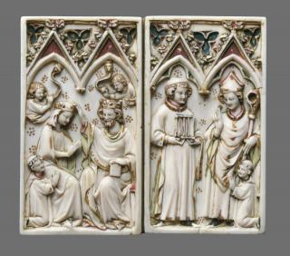 Devotional booklet, with covers, 1 register, 2 arches across and 6 painted panels (Front)