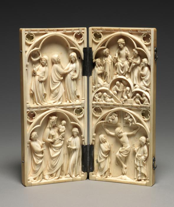 Diptych, 2 registers, 1 arch across, bands of rosettes (décor de roses; colonnettes) (Front)