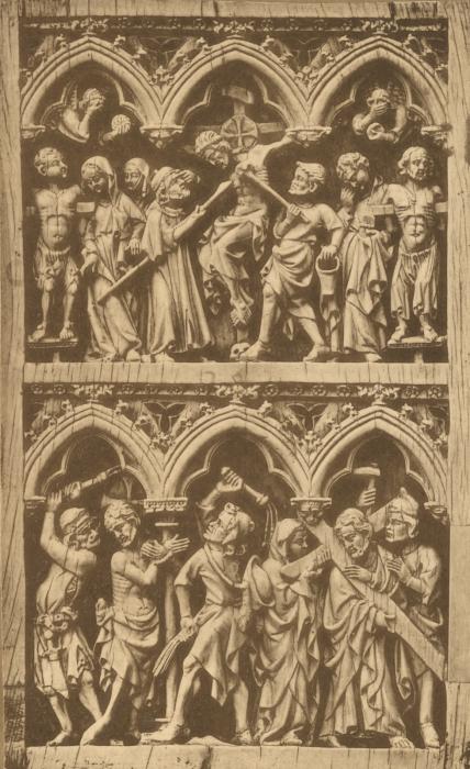 Diptych, 2 registers, 3 arches across, bands of rosettes (frise d'arcatures; décor de roses) (Wing, left)