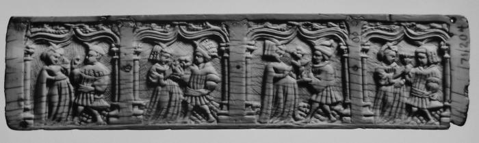 Back panel (fragment of a casket), 4 ogee arches across (coffret; colonnettes) (Front)