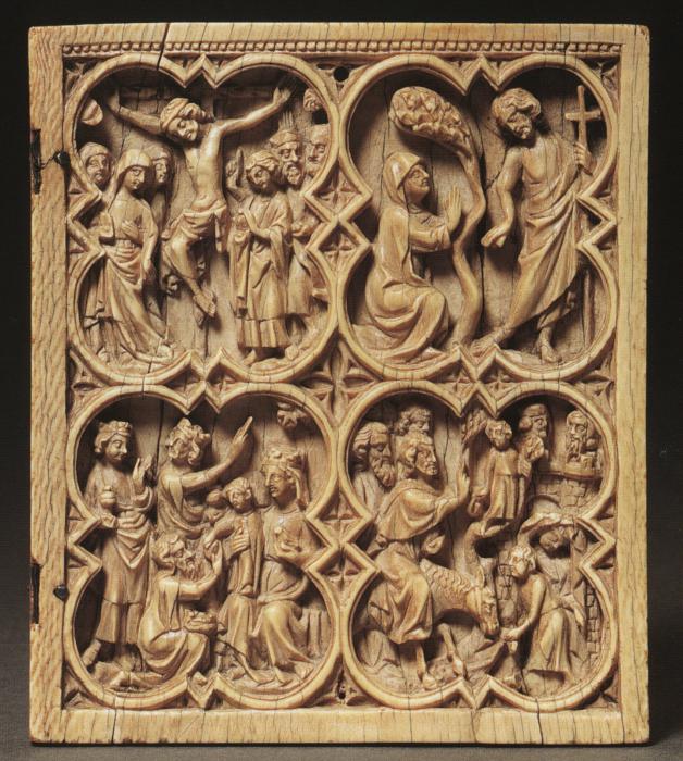 Wing, right (fragment of a diptych), 2 registers, with quatrefoils (quatre-feuilles) (Front)