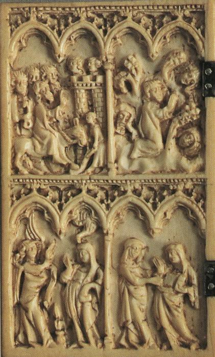 Diptych, 2 registers, 4 arches across (frise d'arcatures; colonnettes) (Wing, left)