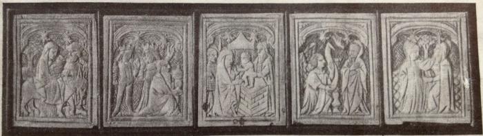 5 panels (fragments of a box or tabernacle), 1 register, 1 arch across (plaquettes) (Front)