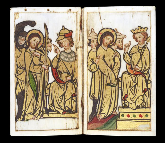 Devotional booklet, with covers, 1 register, 2 arches across and 6 painted panels (frise d'arcatures; plaquette) (Folios 1v-2r)