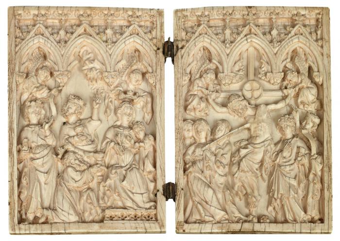 Diptych, 1 register, 3 arches across, bands of rosettes (plaquettes; frise d'arcatures; décor de roses); also known as the 'Kremsmünster Diptych' (Front)