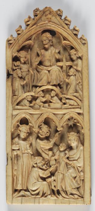 Gabled panel (wing, right; fragment of a diptych or polyptych), 2 registers, 1 arch and 3 arches across (frise d'arcatures) (Front)