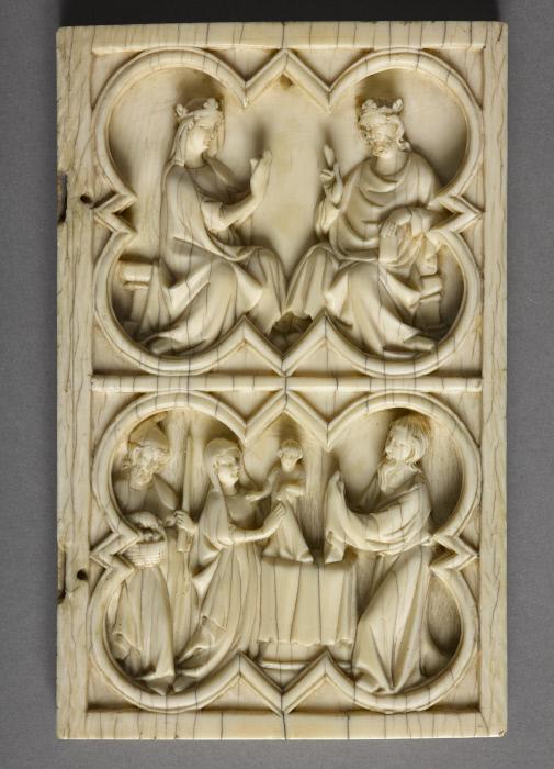 Wing, right (part of a diptych), 2 registers, with quatrefoils (quatre-feuilles) (Front, right wing)