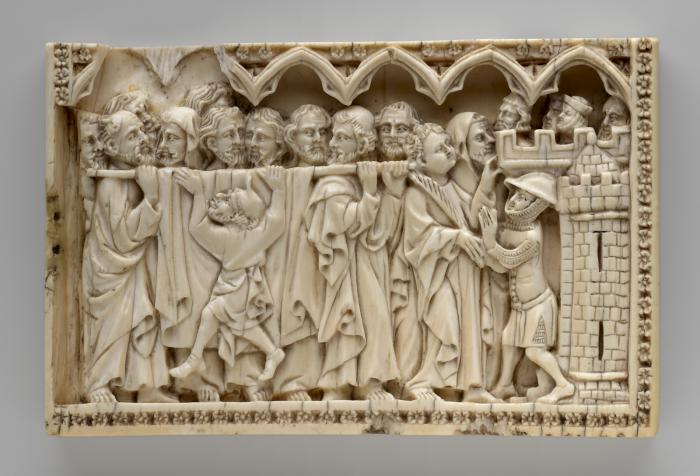 Panel (lower register, fragment of the right wing of a diptych), 1 register, 6 arches across, bands of rosettes (frise d'arcatures; décor de roses) (Front)