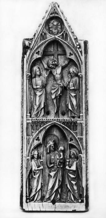 Gabled panel (probably fragment of a diptych or polyptych), 2 registers, 1 arch across (colonnettes) (Front)