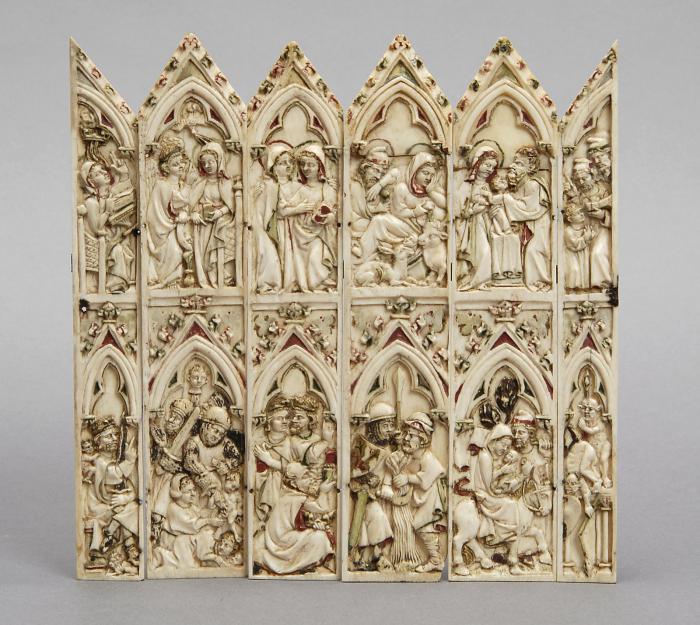 Wings, 2 registers, 1 arch across (fragment of a polyptych; missing centre panel) (Front)