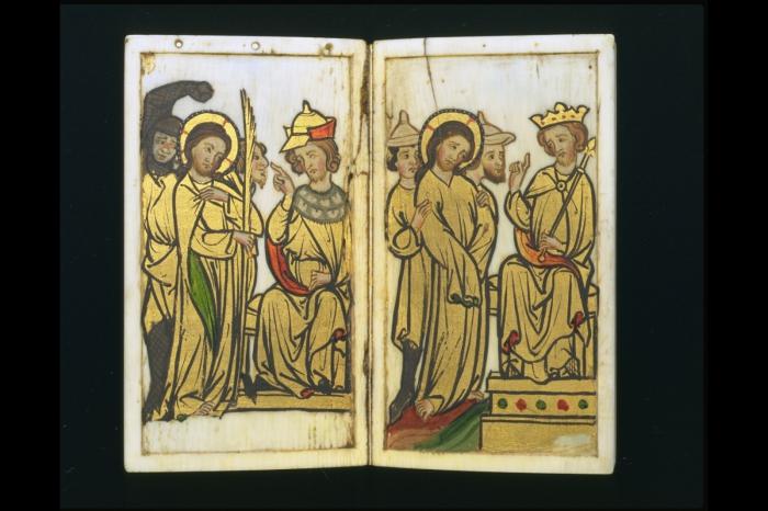 Devotional booklet, with covers, 1 register, 2 arches across and 6 painted panels (frise d'arcatures; plaquette) (Folios 1v-2r)