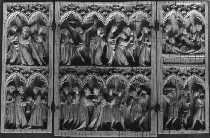 Triptych, 2 registers, 2 arches across (wings) and 4 arches across (centre panel) (frise d'arcatures) (Front)