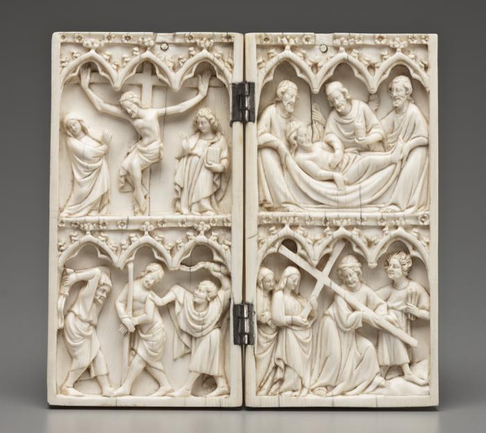 Diptych, 2 registers, 3 arches across, bands of rosettes (frise d'arcatures; décor de roses) (Front)