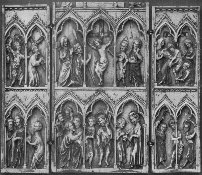 Triptych, 2 and 3 registers, 2 and 3 arches across (frise d'arcatures; colonnettes) (Front)