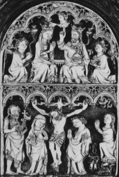 Rounded-top openwork triptych made into a diptych, 2 registers, 6 arches across (frise d'arcatures; ajouré) (Wing, left)