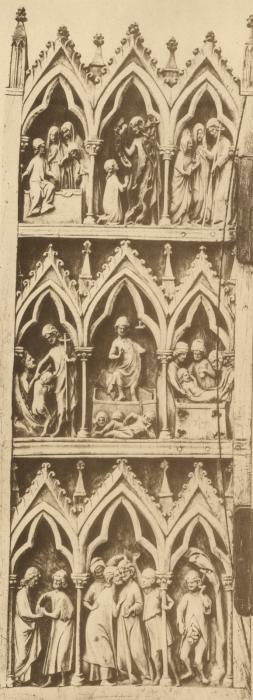 Gabled diptych with pinnacles, 3 registers, 3 arches across (frise d'arcatures; colonnettes) (Wing, left)