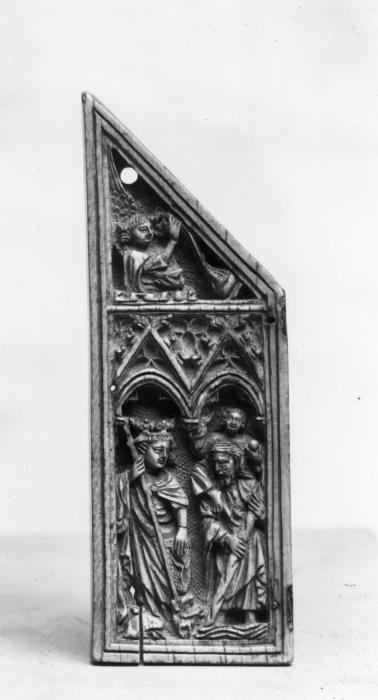 Gabled wing, left (fragment of a triptych or polyptych), 2 registers, 2 arche sacross (frise d'arcatures; tabernacle) (Front)