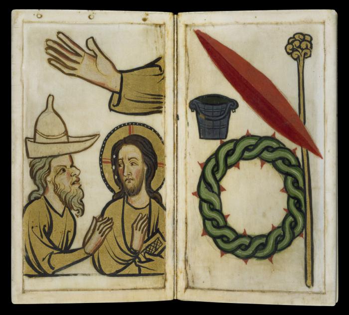 Devotional booklet, with covers, 1 register, 2 arches across and 6 painted panels (frise d'arcatures; plaquette) (Folios 5v-6r)